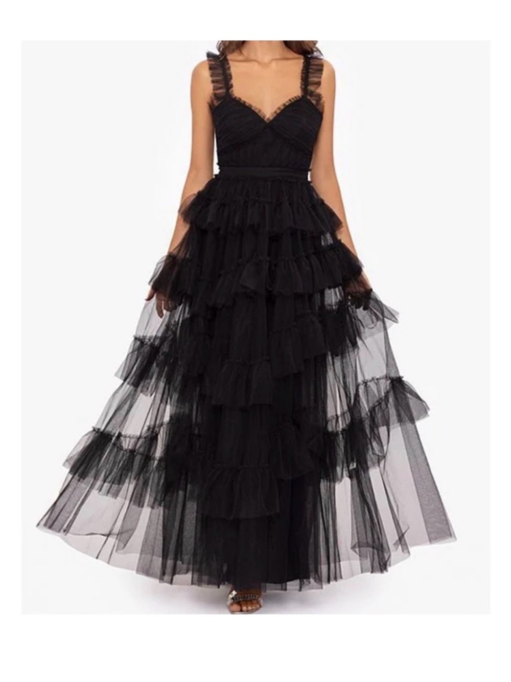 Betsy & Adam Black Tiered Ruffle Tulle Maxi Dress